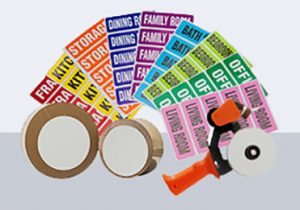 red, yellow, orange, blue, purple, blue, green, and pink tape labels