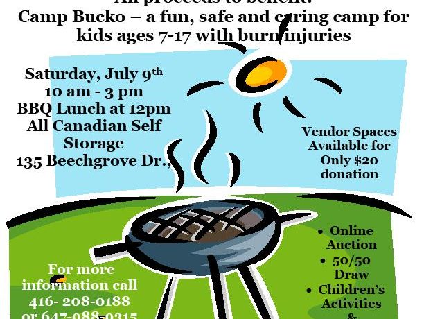 Community BBQ and Garage Sale Event poster with date and location