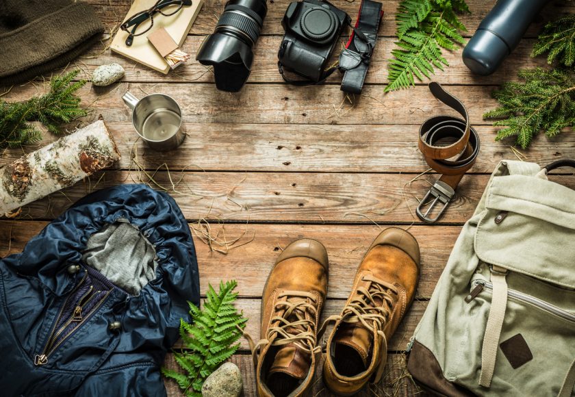 Camping or adventure trip scenery concept (flat lay)